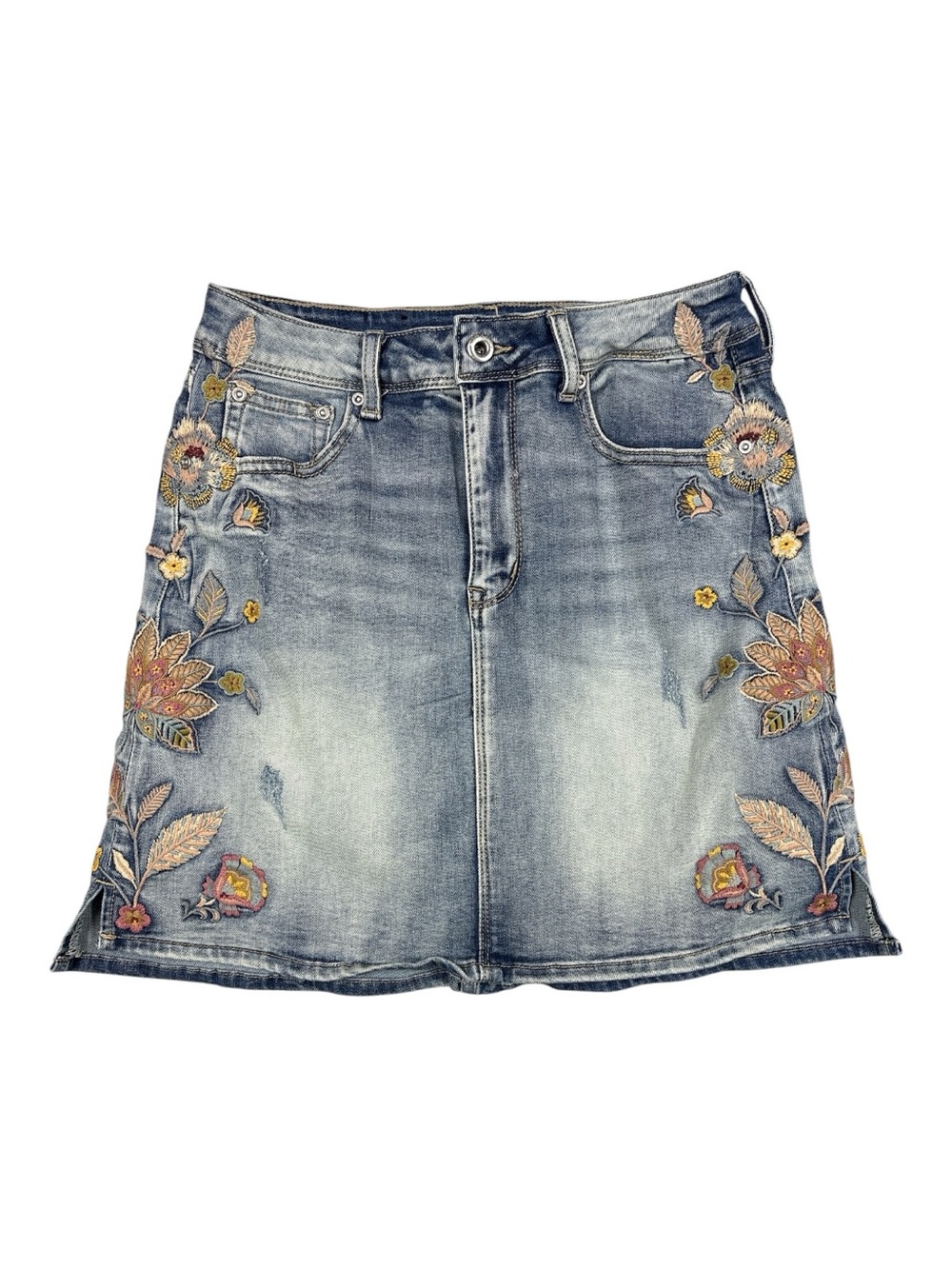 Grace in LA Women’s M Floral Stitch Stretch Denim Skirt Western Festival Natural - Picture 1 of 11